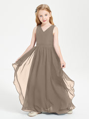 Boho Sleeveless Chiffon Junior Bridesmaid Dresses V-neck Taupe