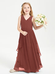 Boho Sleeveless Chiffon Junior Bridesmaid Dresses V-neck Terracotta