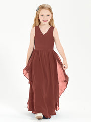 Boho Sleeveless Chiffon Junior Bridesmaid Dresses V-neck Terracotta