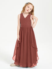 Boho Sleeveless Chiffon Junior Bridesmaid Dresses V-neck Terracotta