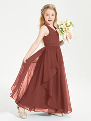 Boho Sleeveless Chiffon Junior Bridesmaid Dresses V-neck Terracotta