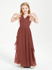 Boho Sleeveless Chiffon Junior Bridesmaid Dresses V-neck Terracotta