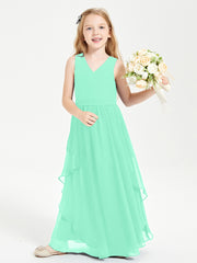 Boho Sleeveless Chiffon Junior Bridesmaid Dresses V-neck Turquoise