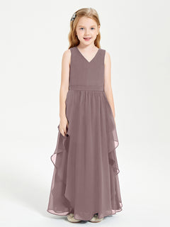 Boho Sleeveless Chiffon Junior Bridesmaid Dresses V-neck Vintage Mauve