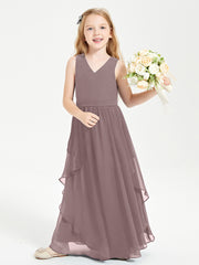 Boho Sleeveless Chiffon Junior Bridesmaid Dresses V-neck Vintage Mauve