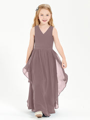 Boho Sleeveless Chiffon Junior Bridesmaid Dresses V-neck Vintage Mauve
