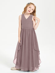Boho Sleeveless Chiffon Junior Bridesmaid Dresses V-neck Vintage Mauve