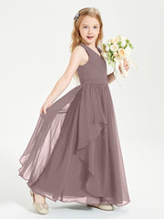 Boho Sleeveless Chiffon Junior Bridesmaid Dresses V-neck Vintage Mauve