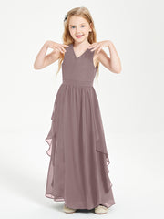 Boho Sleeveless Chiffon Junior Bridesmaid Dresses V-neck Vintage Mauve