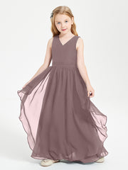 Boho Sleeveless Chiffon Junior Bridesmaid Dresses V-neck Vintage Mauve