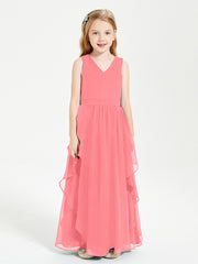 Boho Sleeveless Chiffon Junior Bridesmaid Dresses V-neck Watermelon