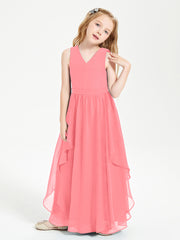 Boho Sleeveless Chiffon Junior Bridesmaid Dresses V-neck Watermelon