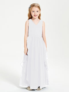 Boho Sleeveless Chiffon Junior Bridesmaid Dresses V-neck White