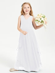 Boho Sleeveless Chiffon Junior Bridesmaid Dresses V-neck White