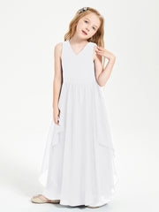 Boho Sleeveless Chiffon Junior Bridesmaid Dresses V-neck White