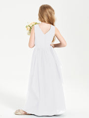 Boho Sleeveless Chiffon Junior Bridesmaid Dresses V-neck White