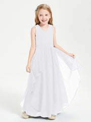Boho Sleeveless Chiffon Junior Bridesmaid Dresses V-neck White