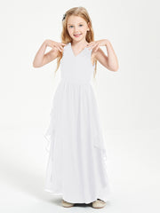 Boho Sleeveless Chiffon Junior Bridesmaid Dresses V-neck White