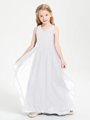 Boho Sleeveless Chiffon Junior Bridesmaid Dresses V-neck White