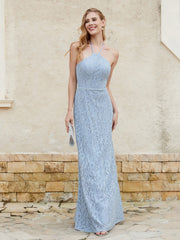 Halter Neck Sheath Lace Gown Dusty Blue