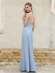 Halter Neck Sheath Lace Gown Dusty Blue Plus Size