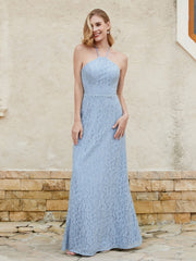 Halter Neck Sheath Lace Gown Dusty Blue