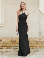 Halter Neck Sheath Lace Gown Black Plus Size