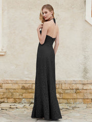 Halter Neck Sheath Lace Gown Black Plus Size