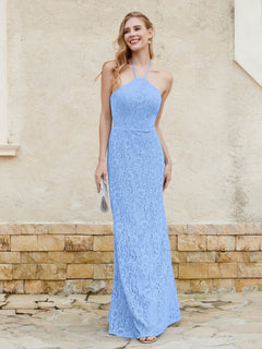 Halter Neck Sheath Lace Gown Blue Plus Size