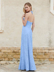 Halter Neck Sheath Lace Gown Blue