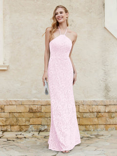 Halter Neck Sheath Lace Gown Blushing Pink Plus Size