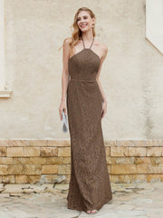 Halter Neck Sheath Lace Gown Brown Plus Size