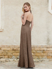 Halter Neck Sheath Lace Gown Brown Plus Size