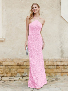 Halter Neck Sheath Lace Gown Candy Pink