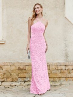 Halter Neck Sheath Lace Gown Candy Pink Plus Size