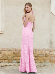 Halter Neck Sheath Lace Gown Candy Pink Plus Size