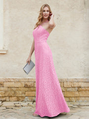 Halter Neck Sheath Lace Gown Candy Pink