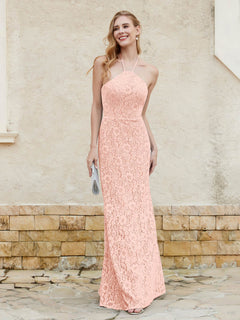 Halter Neck Sheath Lace Gown Coral