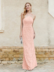 Halter Neck Sheath Lace Gown Coral