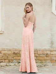 Halter Neck Sheath Lace Gown Coral