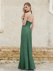 Halter Neck Sheath Lace Gown Dark Green Plus Size