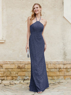 Halter Neck Sheath Lace Gown Dark Navy