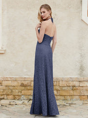 Halter Neck Sheath Lace Gown Dark Navy