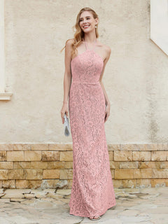 Halter Neck Sheath Lace Gown Dusty Rose Plus Size