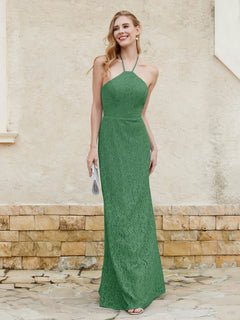 Halter Neck Sheath Lace Gown Emerald
