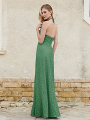 Halter Neck Sheath Lace Gown Emerald