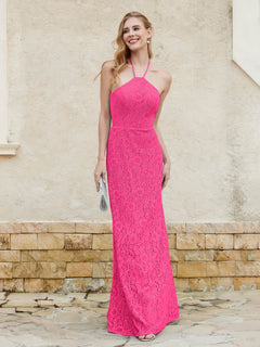 Halter Neck Sheath Lace Gown Fuchsia