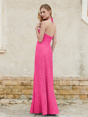 Halter Neck Sheath Lace Gown Fuchsia Plus Size