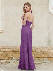 Halter Neck Sheath Lace Gown Grape