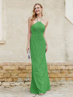 Halter Neck Sheath Lace Gown Green Plus Size